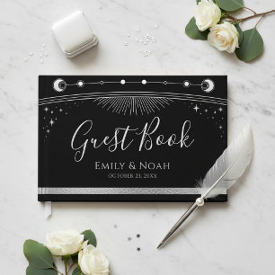 Celestial Black Silver Sun Moon Stars Wedding  Guest Book
