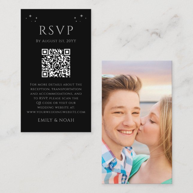 Celestial Black Silver Wedding QR Photo RSVP Enclosure Card (Front/Back)