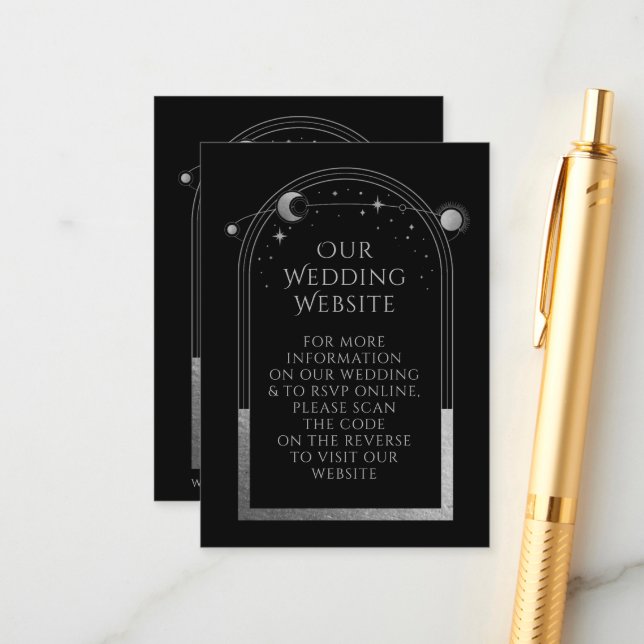 Celestial Black Silver Wedding Website QR Code Enclosure Card (Front/Back In Situ)