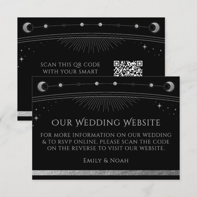 Celestial Black Wedding Website RSVP QR Code Enclosure Card (Front/Back)