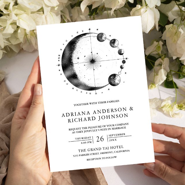 Celestial Black White Crescent Moon Phases Wedding Invitation (Creator Uploaded)
