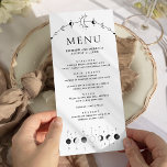Celestial Black White Crescent Moon Phases Wedding Menu<br><div class="desc">Elegant wedding menu featuring a beautiful illustration showing moon phases and modern typography.</div>