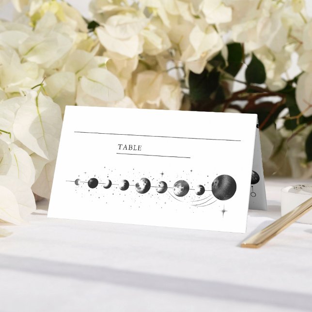 Celestial Black White Crescent Moon Phases Wedding Place Card (Creator Uploaded)