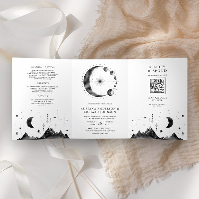 Celestial Black White Crescent Moon Phases Wedding Tri-Fold Invitation (Creator Uploaded)