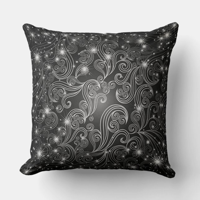 Celestial Black & White Swirls & Stars Pillow (Front)