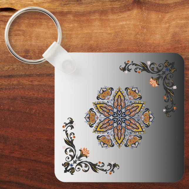 Celestial Bloom, Black and Gold Botanicals Key Ring (Front)