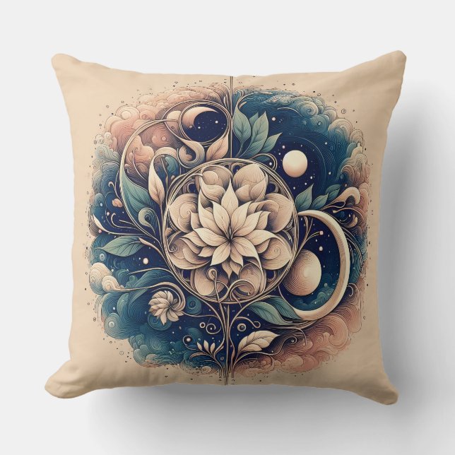"Celestial Bloom – Mystic Floral Moon Art" Cushion (Front)
