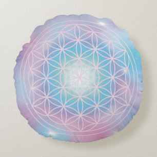Celestial Bloom – Sacred Geometry Flower of Life Round Cushion