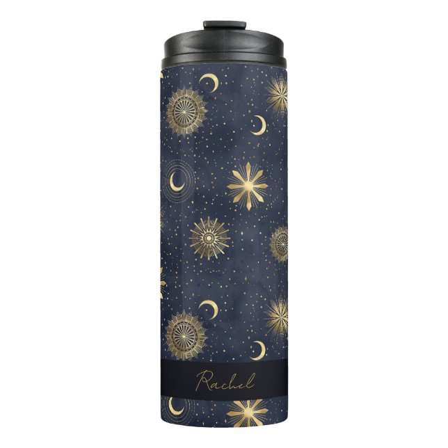 Celestial Blue and Gold Monogram Name Thermal Tumbler (Front)
