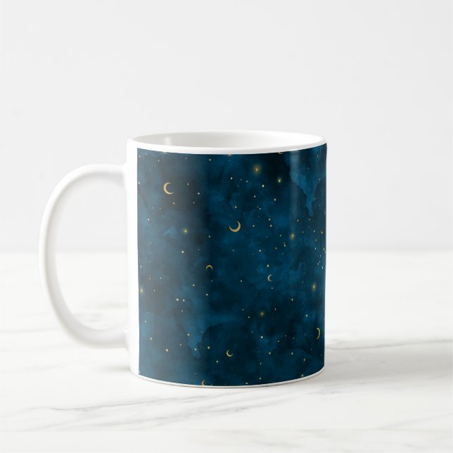 Celestial Blue and Gold Starry Night Crescent Moon Coffee Mug (Left)