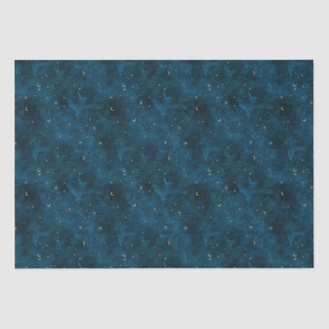 Celestial Blue and Gold Starry Night Crescent Moon Tissue Paper (Front)