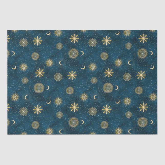 Celestial Blue and Gold Starry Night Crescent Moon Tissue Paper (Front)