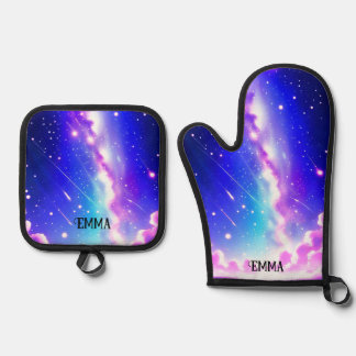 Celestial Blue and Pink Galaxy Custom Name Oven Mitt & Pot Holder Set