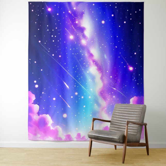 Celestial Blue and Pink Galaxy Wall Art Tapestry (In Situ)