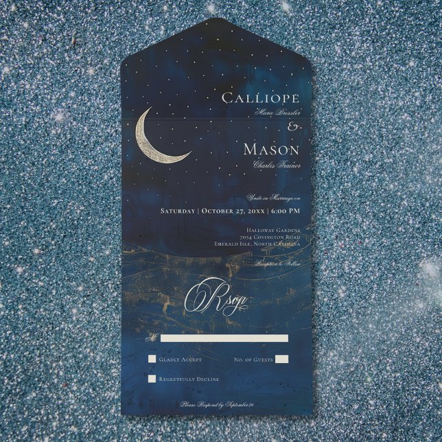 Celestial Blue Crescent Moon Wedding No Dinner All In One Invitation (Celestial Blue Crescent Moon Wedding No Dinner All In One Invitation)