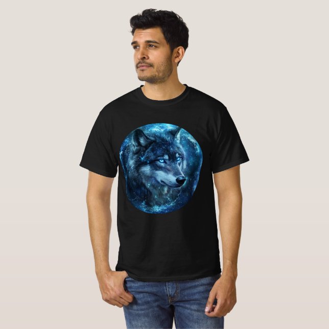 Celestial Blue-Eyed Wolf Wall Art T-Shirt (Front Full)