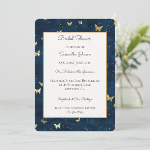 Celestial Blue Gold Butterflies Bridal Shower   Invitation