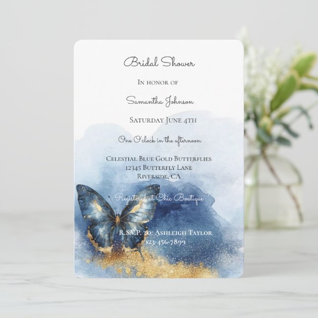 Celestial Blue Gold Butterfly Bridal Shower   Invitation (Standing Front)