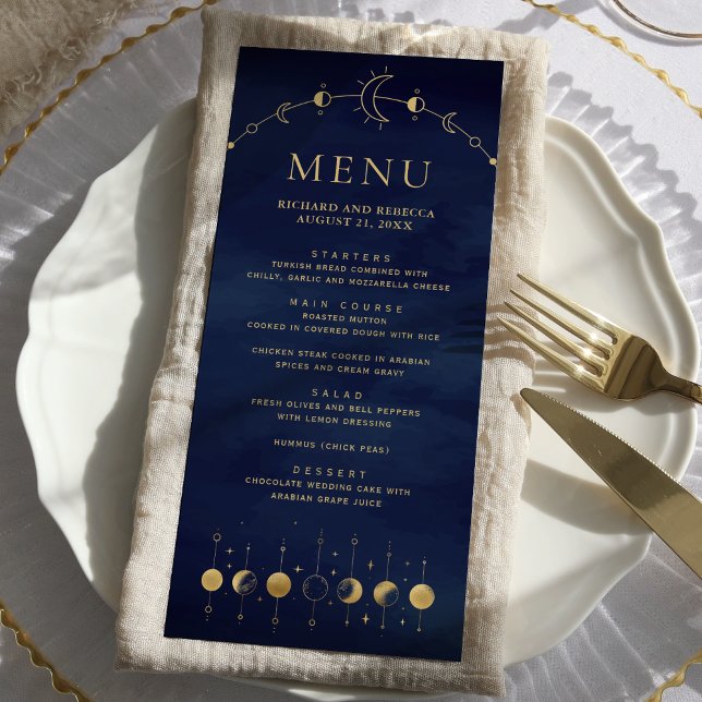 Celestial Blue Gold Crescent Moon Phases Wedding Menu (Creator Uploaded)
