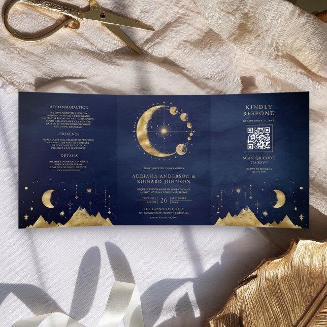 Celestial Blue Gold Crescent Moon Phases Wedding Tri-Fold Invitation (Creator Uploaded)