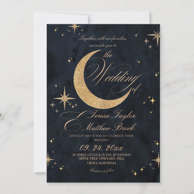 Celestial Blue & Gold Moody Wedding  Invitation (Front)