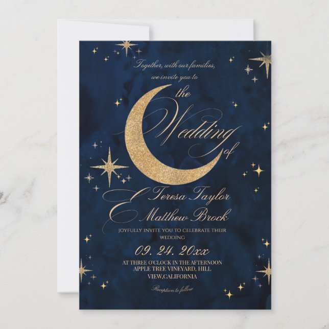 Celestial Blue & Gold Moody Wedding  Invitation (Front)