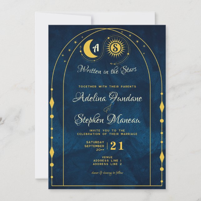 Celestial Blue Gold Moon Sun Monogram RSVP QR Code Invitation (Front)