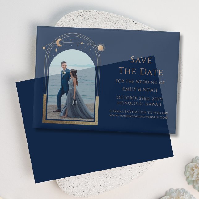 Celestial Blue Gold Photo Wedding Save The Date Vellum Invitations (Creator Uploaded)