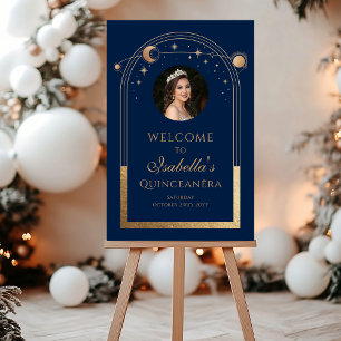 Celestial Blue Gold Quinceañera Birthday Welcome  Acrylic Sign