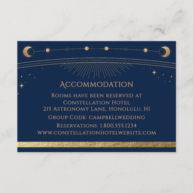 Celestial Blue Gold Sun Moon Stars Accommodation Enclosure Card (Front)