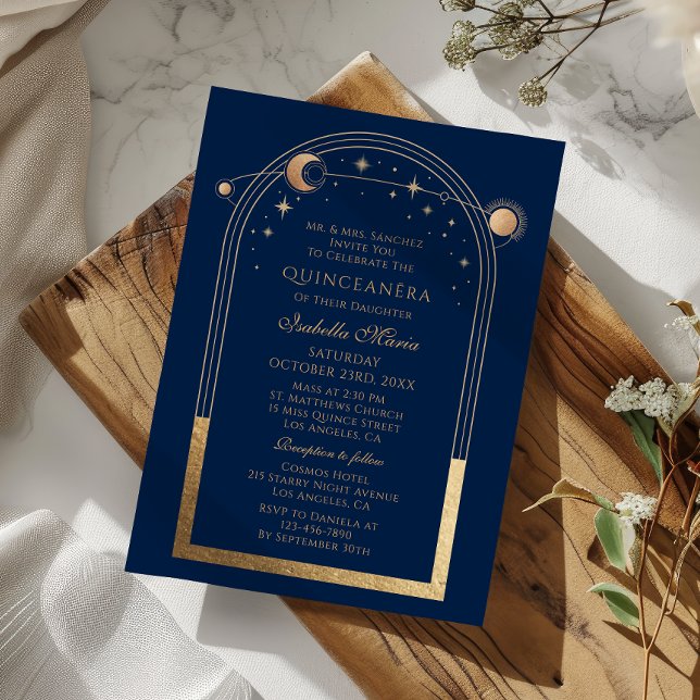 Celestial Blue Gold Sun Moon Stars Quinceañera Invitation (Creator Uploaded)
