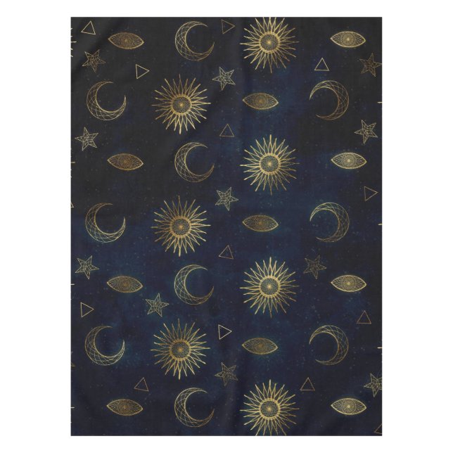 Celestial Blue Gold Sun Moon Stars Tablecloth (Front)
