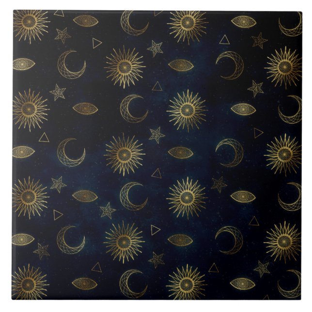 Celestial Blue Gold Sun Moon Stars Tile (Front)