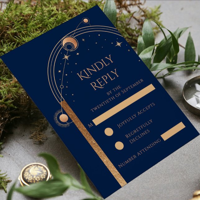 Celestial Blue Gold Sun Moon Stars Wedding RSVP Card (Creator Uploaded)