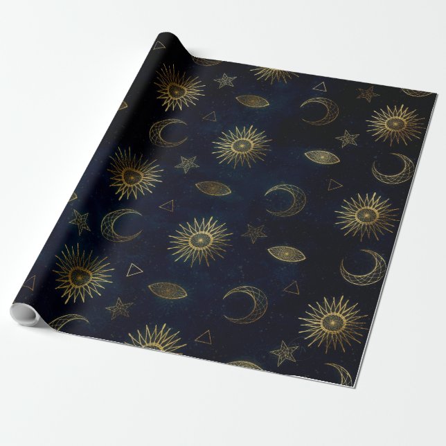 Celestial Blue Gold Sun Moon Stars Wrapping Paper (Unrolled)