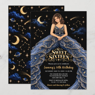Celestial Blue Gold Sweet Sixteen Birthday Invitation
