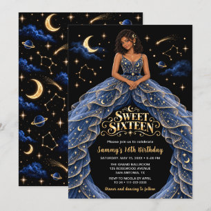 Celestial Blue Gold Sweet Sixteen Birthday Invitation