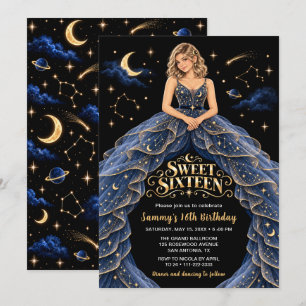 Celestial Blue Gold Sweet Sixteen Birthday Invitation