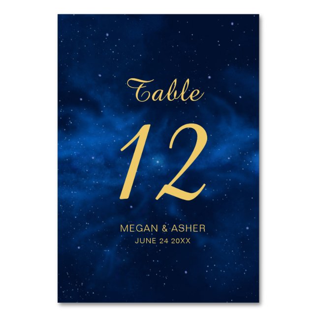 Celestial Blue Gold Universe Wedding Table Number (Front)