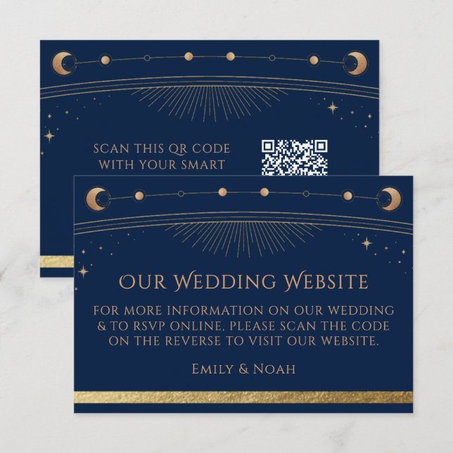 Celestial Blue Gold Wedding Website RSVP QR Code Enclosure Card (Front/Back)