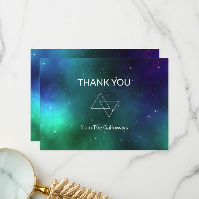 Celestial Blue Green Galaxy Cosmic Minimalist Chic Thank You Card (Front/Back In Situ)