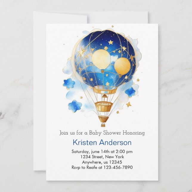 Celestial Blue Hot Air Balloon Boy Baby Shower Invitation (Front)