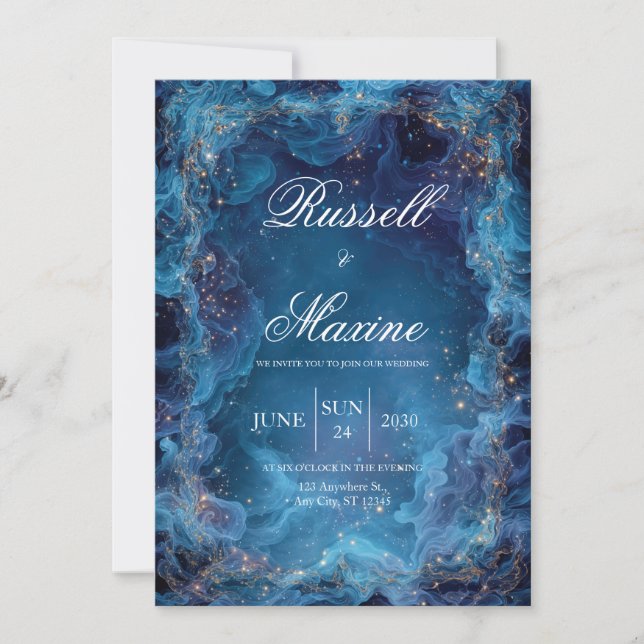 Celestial Blue Nebula Wedding Invitation (Front)