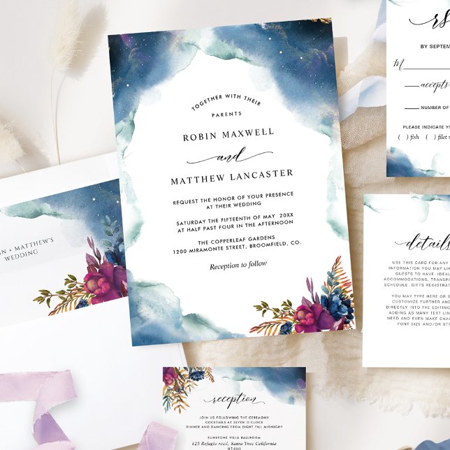 Celestial Blue, Purple and Teal Watercolor Wedding Invitation (Creator Uploaded)