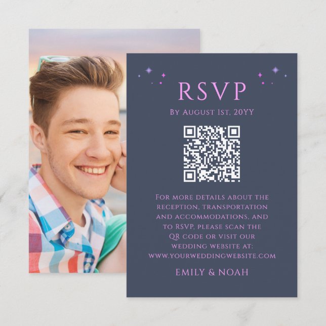 Celestial Blue Purple Budget QR Code RSVP Photo Enclosure Card (Front/Back)