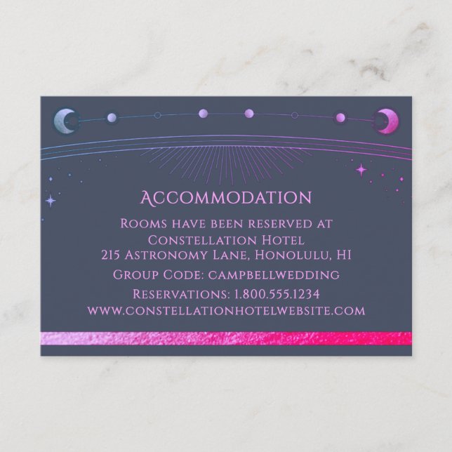 Celestial Blue Purple Sun Moon Stars Accommodation Enclosure Card (Front)