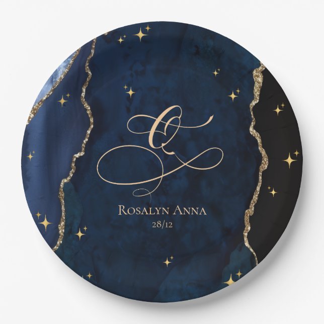  Celestial Blue Quinceanera Midnight Stars Moon  Paper Plate (Front)