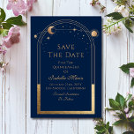 Celestial Blue Save The Date Birthday Quinceanera<br><div class="desc">Celestial Blue Save The Date Birthday Quinceanera Invitation features a gold sun,  moon and stars frame on a blue background. Inside is your custom Quinceanera save the date information. Personalise by editing the text in the text boxes. Designed for you by ©2024 Evco Studio www.zazzle.com/store/evcostudio</div>