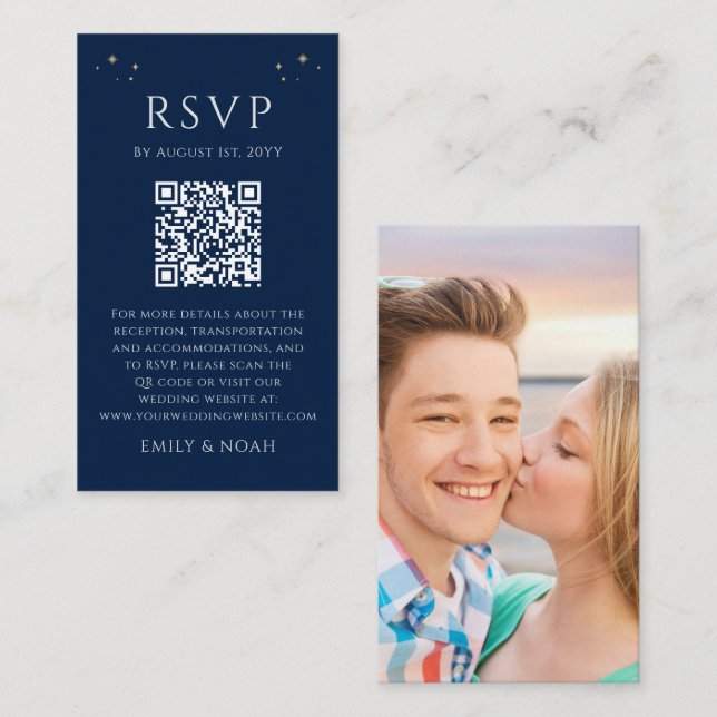 Celestial Blue Silver QR RSVP Photo Enclosure Card (Front/Back)