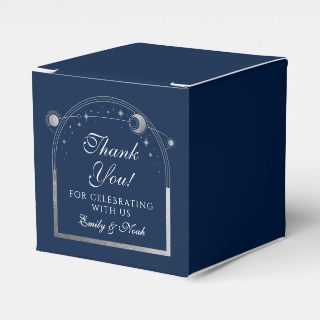 Celestial Blue Silver Sun Moon Stars Wedding Favour Box (Front Side)